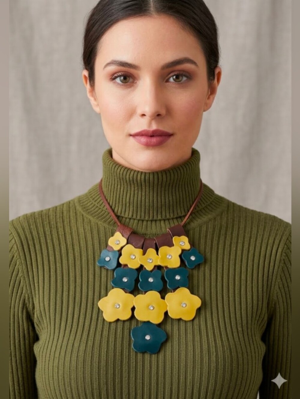 Handmade Genuine Leather 2D Statement Flower Necklace Blue Yellow 049